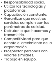 Responsabilidad social. Utilizar las tecnologías y plataformas. Capacitación constante. Garantizar que nuestros servicios cumplan con los parámetros de calidad. Disfrutar lo que hacemos y transmitirlo. Competitividad para que denote el crecimiento de la organización. Prospectar personas con valores similares. Trabajo en equipo.